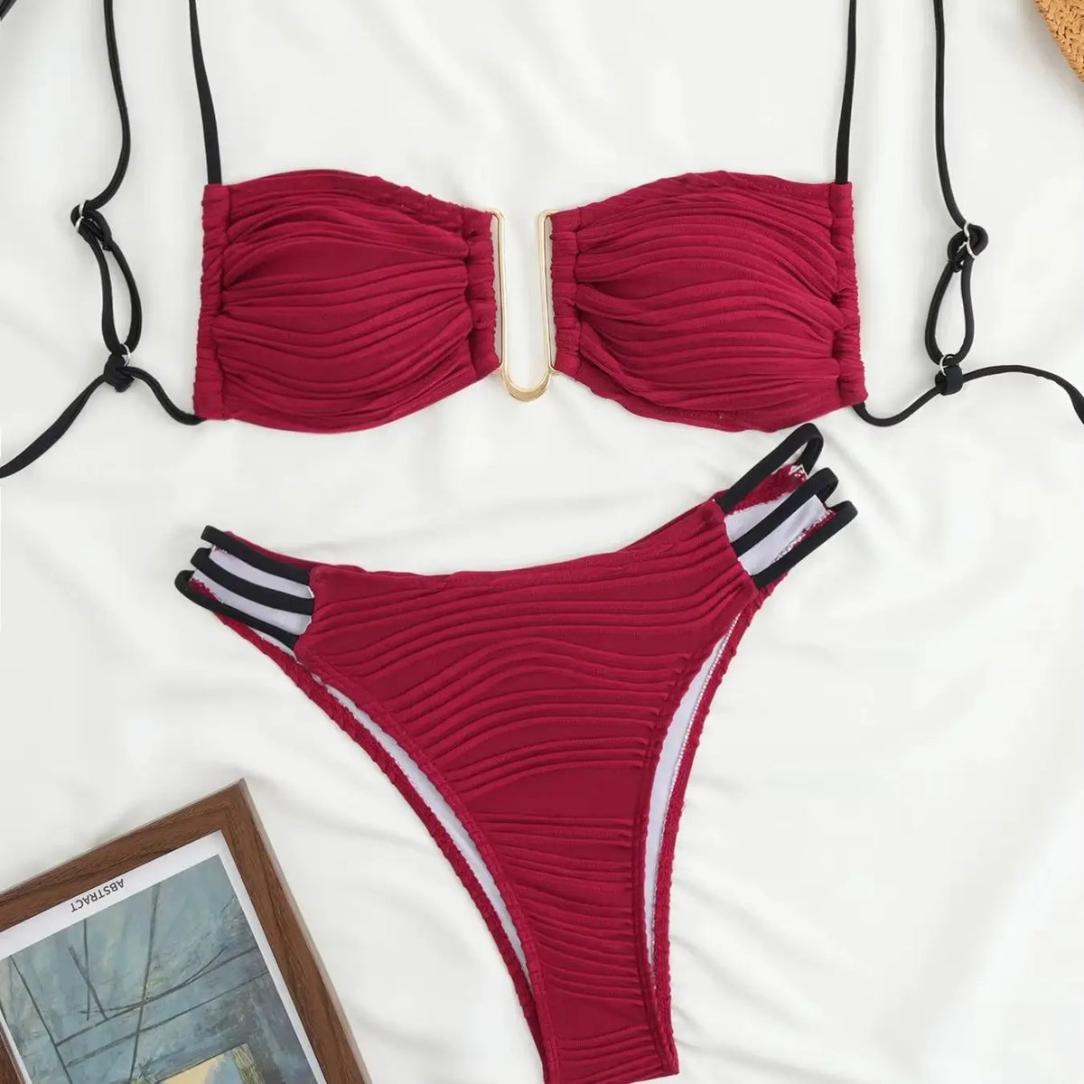 DEKA Women U Neck Wrinkled Crinkled Bikini Swimwear Female Swimsuit Two-pieces Bikini set High Cut Bather Bathing Suit Swim