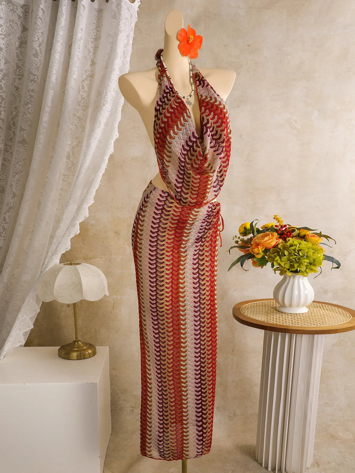 Bohemia Style Coffee Striped Bikini Set 2026 Women Cover Up+Long Skirt 4 Piece Swimsuit Summer Holiday Bathing Suit Swimwear