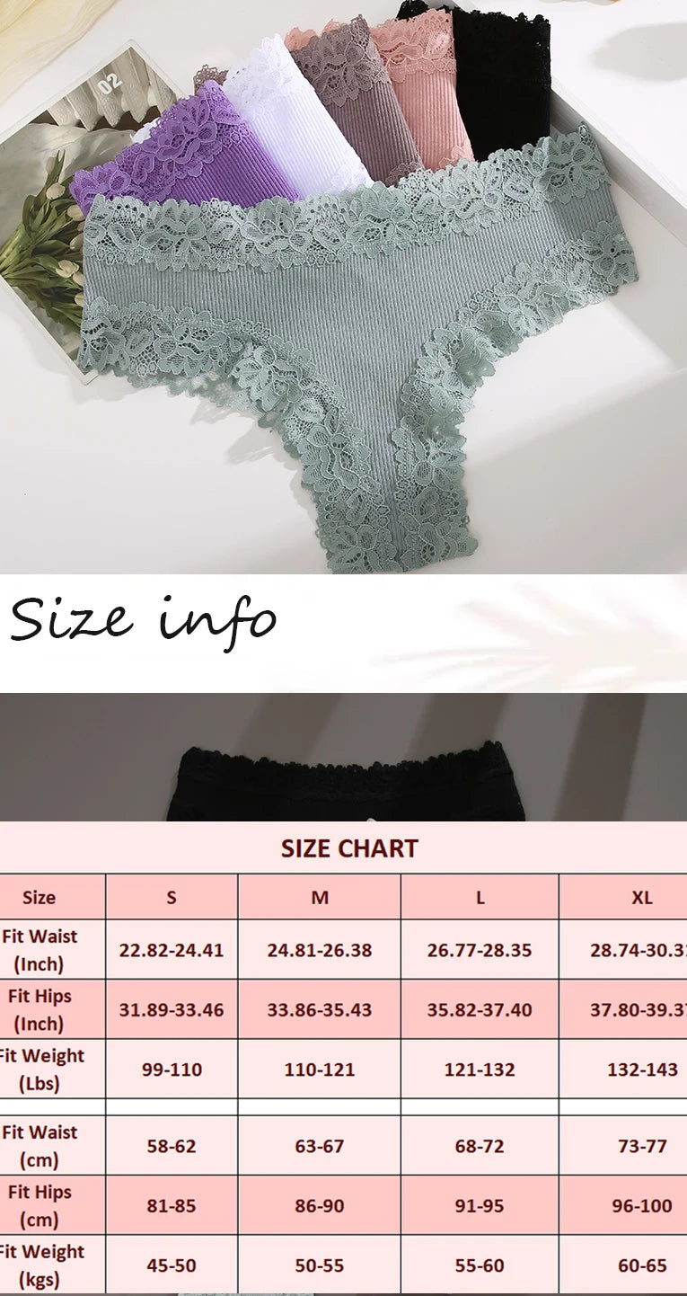 3Pcs Sexy Women Cotton Brazilian Pants Lace Brazilian Briefs Low Waist Floral Solid Color G-string Breathable Soft Lingerie