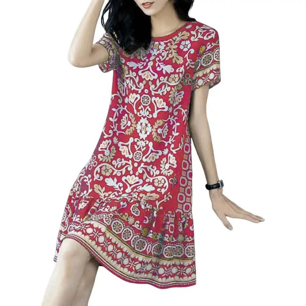 Summer Women Dress Half Sleeves Round Neck Retro Print A-line Big Hem Knee Length Loose Casual Daily Wear Vacation Midi Dress