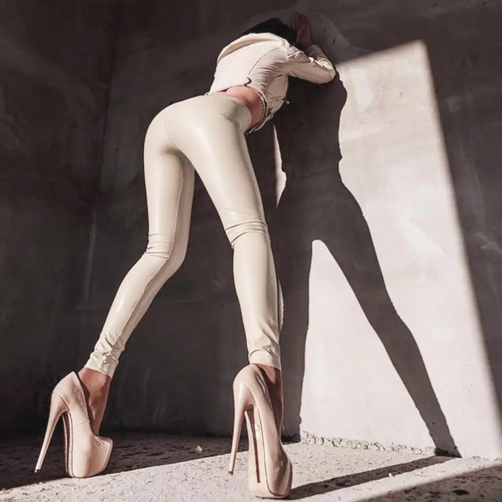 High Waist Solid Color Women Pants Hip Lifter Elastic Waist Windproof Faux Leather Pants Ladies Clothing