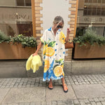 Lemon Print Shirt Dresses Women Fashion Short Sleeves Lapel Loose Single-breasted Shirts Long Dress Casual Lady Vacation Vestido