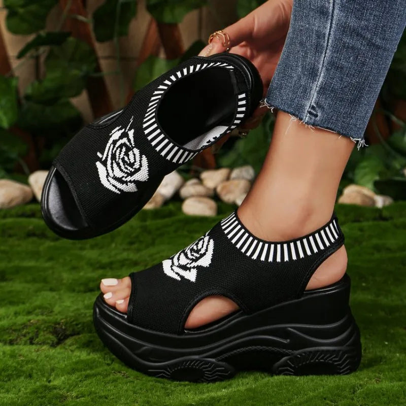 2026 Summer New Knitted Shoes Fairy Fish-mouth Wind Cake Sole High Heel Flying Weave Slope Heel Thick Sole Sports Women's Sandal