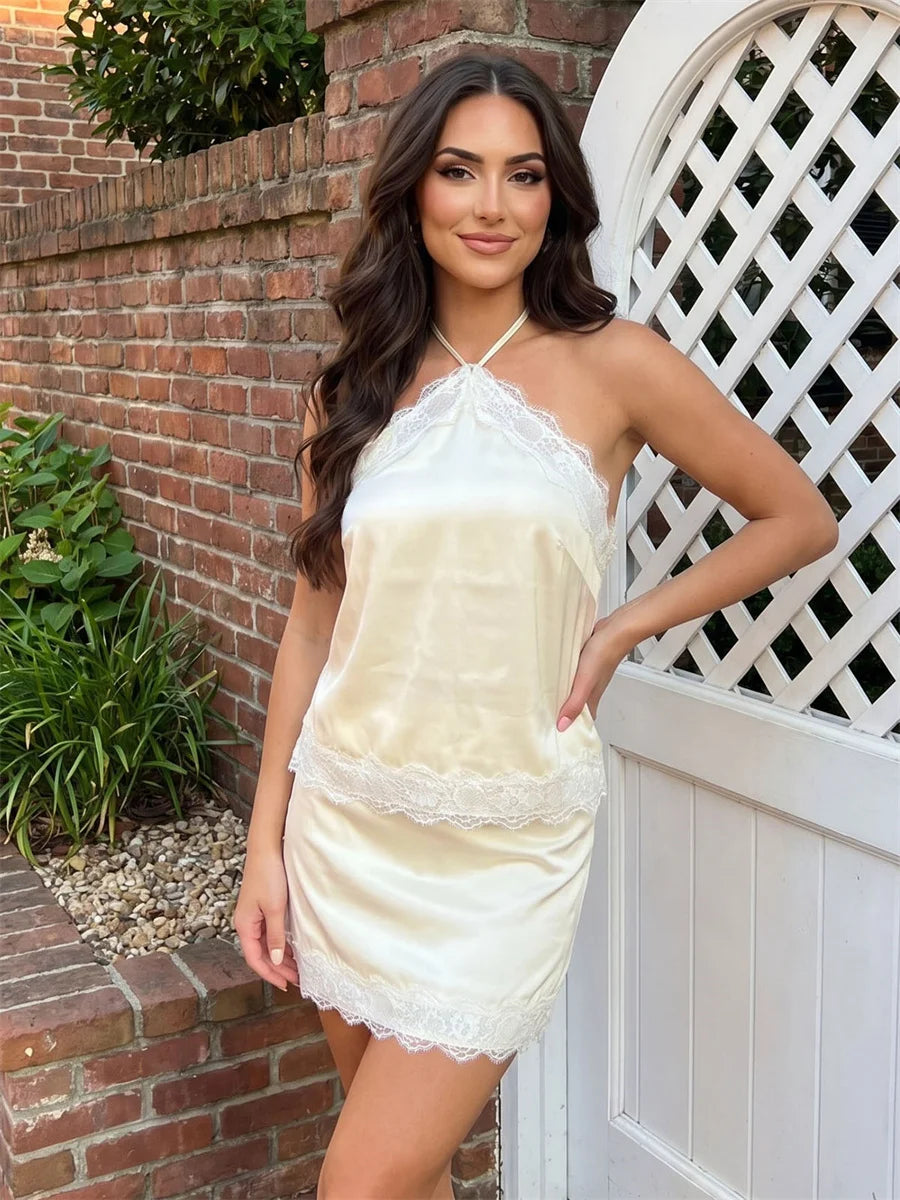 Women's Summer Satin Skirt Outfits Lace Trim Sleeveless Halter Camisole Tops with Mini Skirt 2 Piece Sets Retro Daily Date Wear
