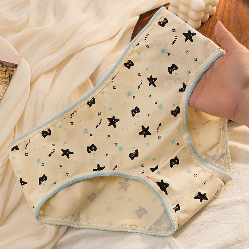 5Pcs/Set Women's Cotton Briefs Cute Black Cat Print Underwear Soft Breathable Underpants Mid-Waist Panties For Female Lingerie