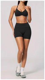 Seamless Yoga Suit Women Exposed Back Pleate Sports Bra High Waist Shorts Fitness Sets Outdoor Running Athletic Wear Tracksuit