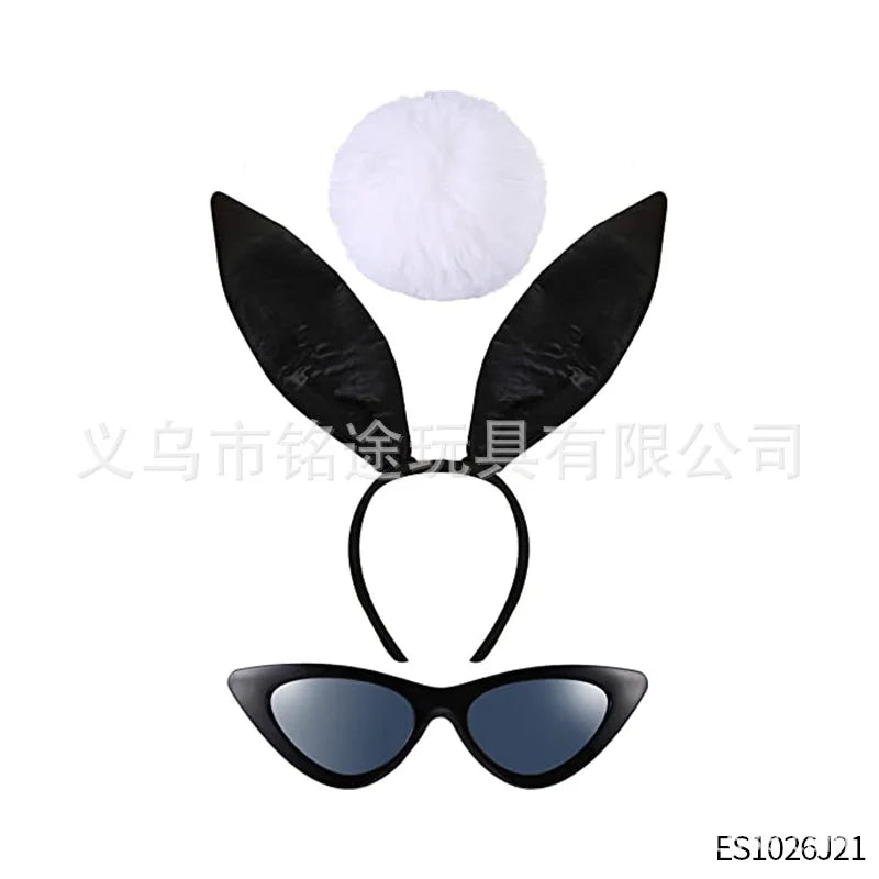 Easter Bunny Girl Cosplay 3-Piece Prop Set - Satin Headband Fluffy Rabbit Tail for Halloween Christmas