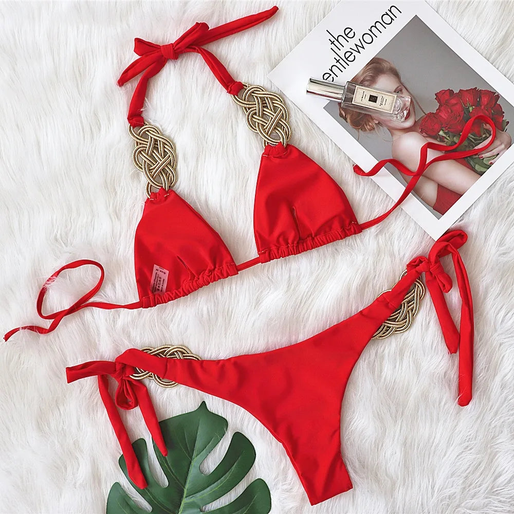 DEKA Sexy Red Weave Patchwork Bikini Set Women White High Cut Push Up Thong Swimsuit Vintage Beach Bathing Suit Mini Swimwear