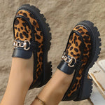 Retro Suede Leopard Loafers Shoes for Women Metal Decoration Round Toe Women's Loafers Casual Chunky Platform Shoes Lady