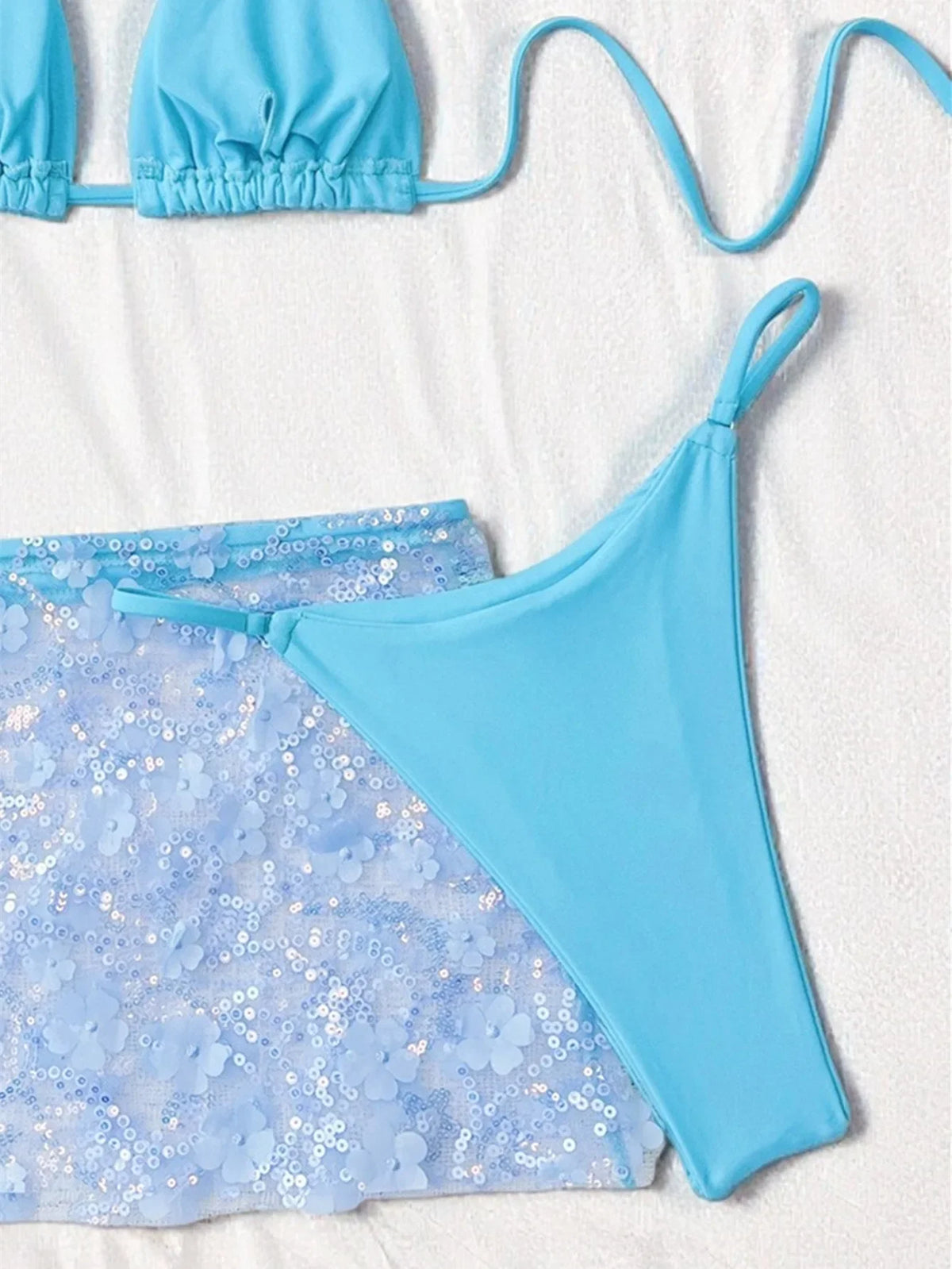 Sexy Shiny Sequin Blue White Bikini Set Women 3D Mesh Flower Cover Up 3 Piece Thong Swimsuit Beach Holiday Bathing Suit Swimwear