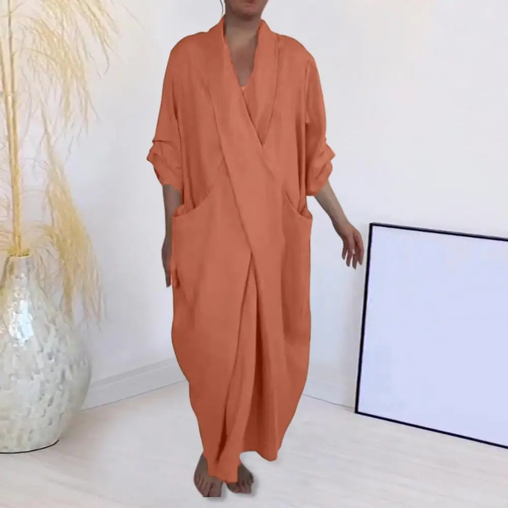 Bohemian Maxi Dress Spring Autumn Maxi Dress Robe Baggy Cross V Neck Large Pocket Retro A-line Casual Party Travel Dress