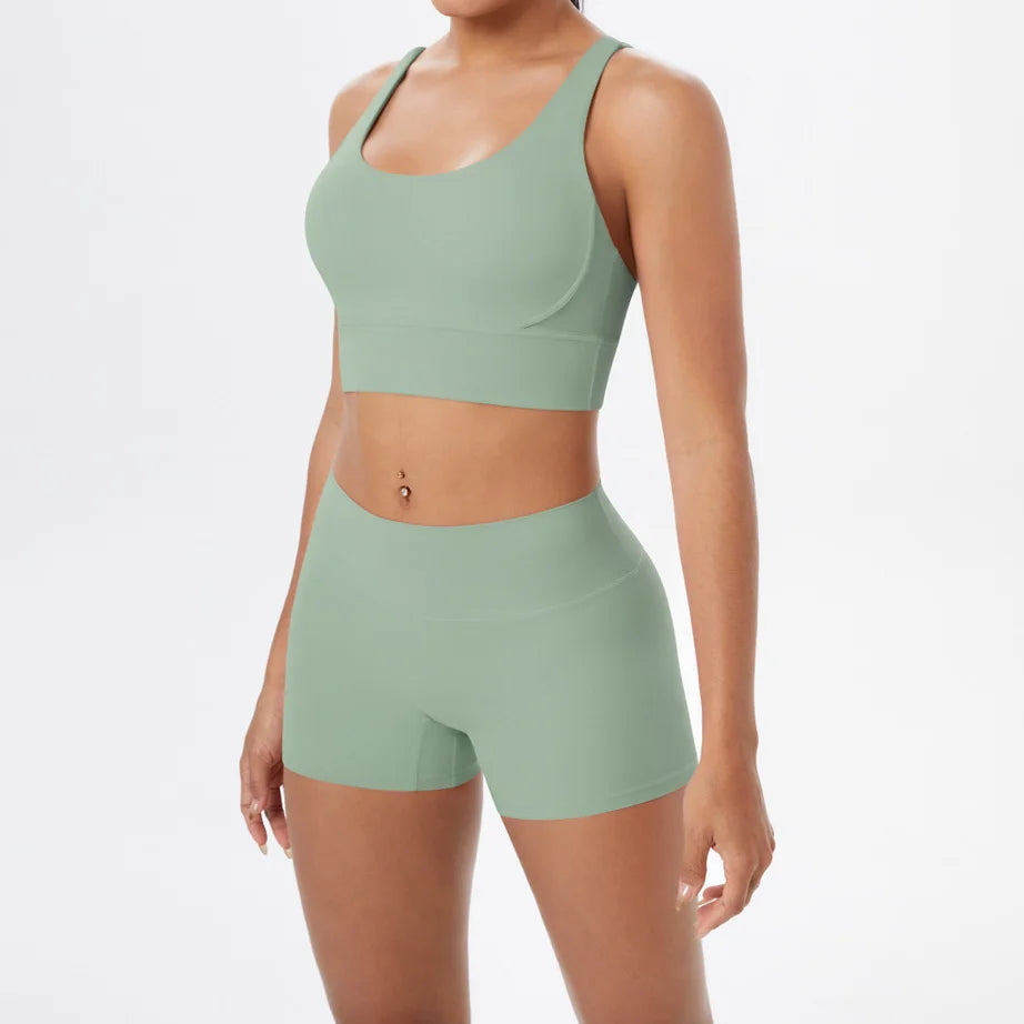 2PCS Yoga Set Women Gym Sports Suits Fitness Bra Crop Top Workout Clothes Female Athletic Wear Push Up Shorts Sportswear