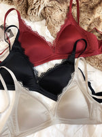 French Sexy Seamless Lingerie Women Silk Satin Lace Bra Deep V Triangular Cup Push Up Bras Adjustable Strap Comfort Underwear