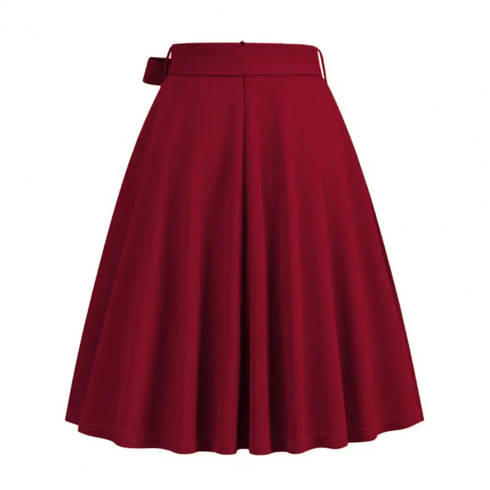 Women Skirt A-line Big Swing Belted Tight Waist Bow Decor Solid Color High Waist Soft Ruffle Summer Dating Party Midi Skirt
