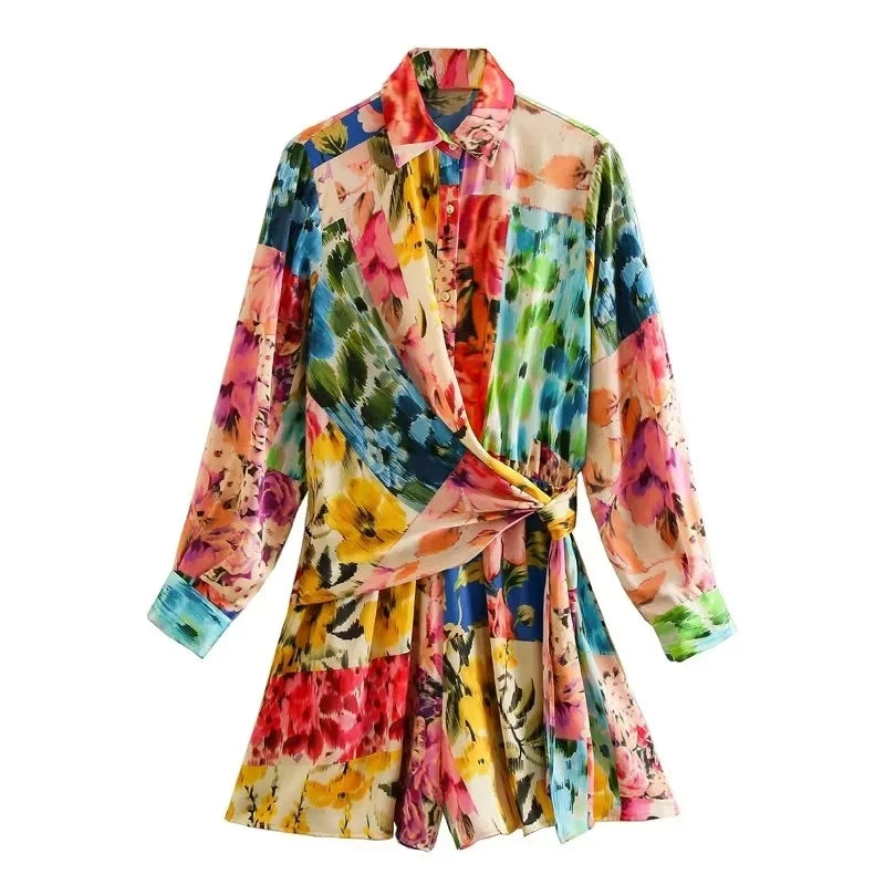 Foridol Floral Boho Tie Dyed Summer Long Sleeve Romper Playsuit Overall Beach Button Shirt Spring Wide Leg Romper Jumpsuit