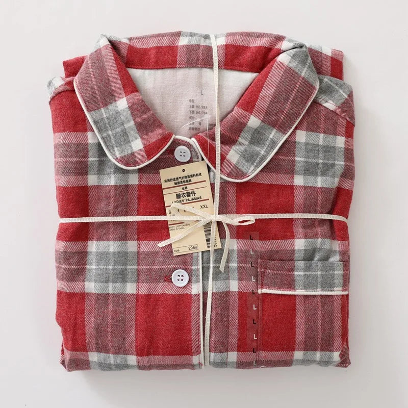 Men Brushed Cotton Vintage Plaid Stripe Pajama Set Lapel Collar Long Sleeve Top Pants Home Sleepwear Loungewear