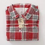 Men Brushed Cotton Vintage Plaid Stripe Pajama Set Lapel Collar Long Sleeve Top Pants Home Sleepwear Loungewear