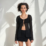 Spring Summer Women Solid Color Split Tie Front Tops See Through Frill Trim Square Neck Long Puff Sleeve Mesh Shirts