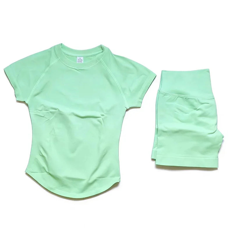 Impact Yoga Suit 2PCS Yoga Set Workout Sets Women Sportswear Gym Clothing Fitness Short Sleeve High Waist Shorts Sports Suits