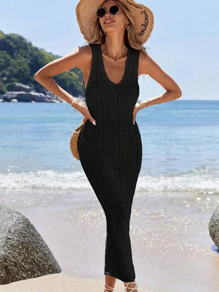 S - XL 2025 V Neck Hollow Out Crochet Knitted Tunic Beach Cover Up Long Cover-ups Beach Dress Beach Wear Beachwear Female Women
