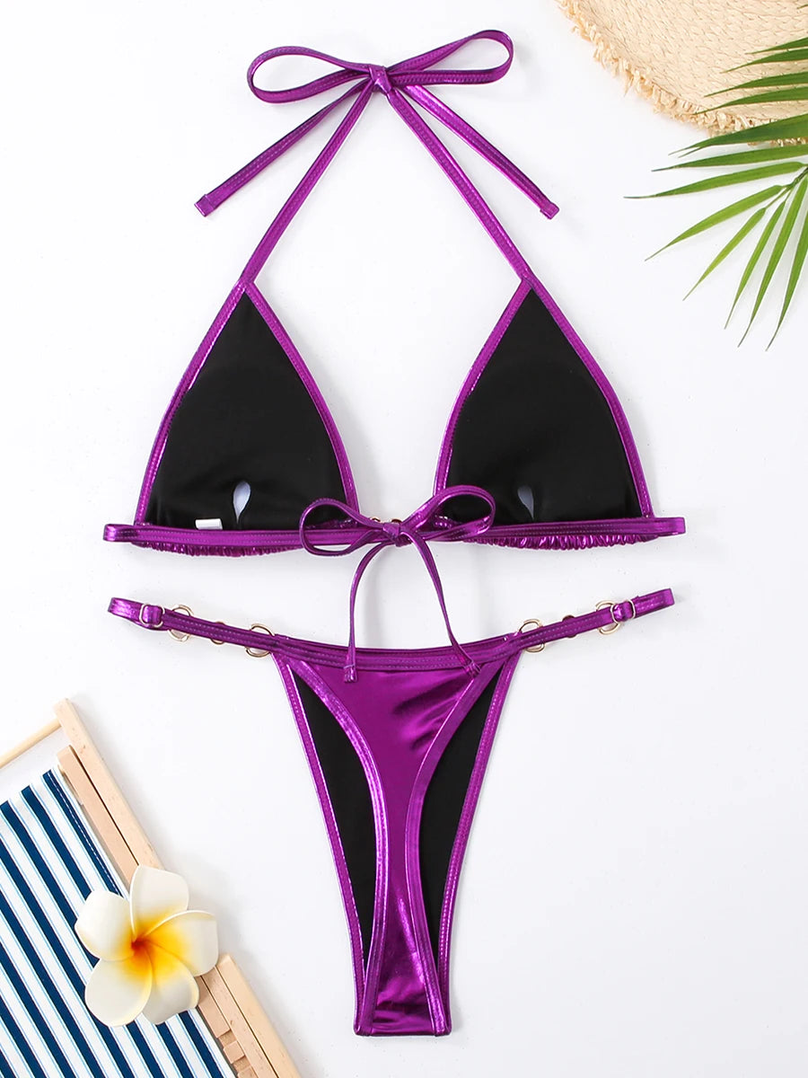 Triangle Thong Bikini 2025 Halter Pearl Link Swimsuit Women Padded Swimwear Female Bathers Bathing Swimming Swim Suit Beachwear