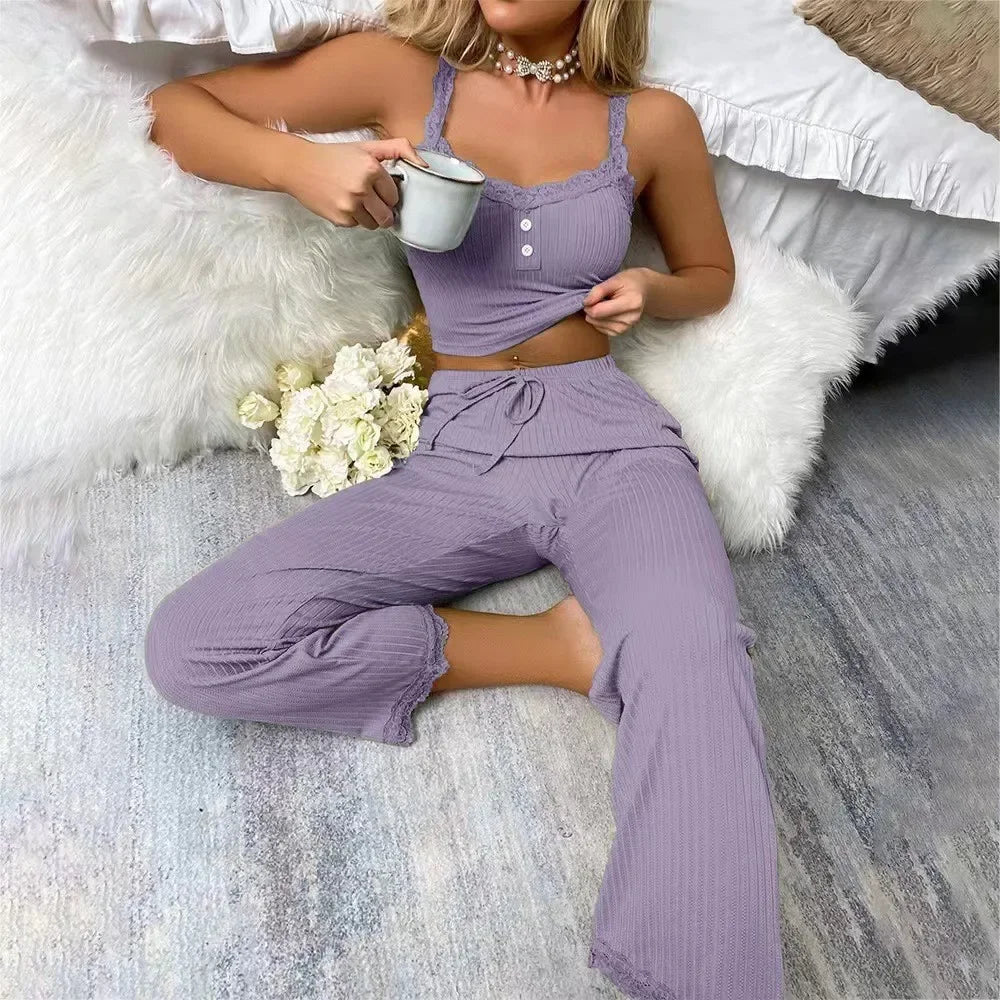 Women Ribbed Pajama Set Lace Trim Camisole Top & Drawstring Pants Sexy Sleepwear Autumn Soft Lounge Homewear