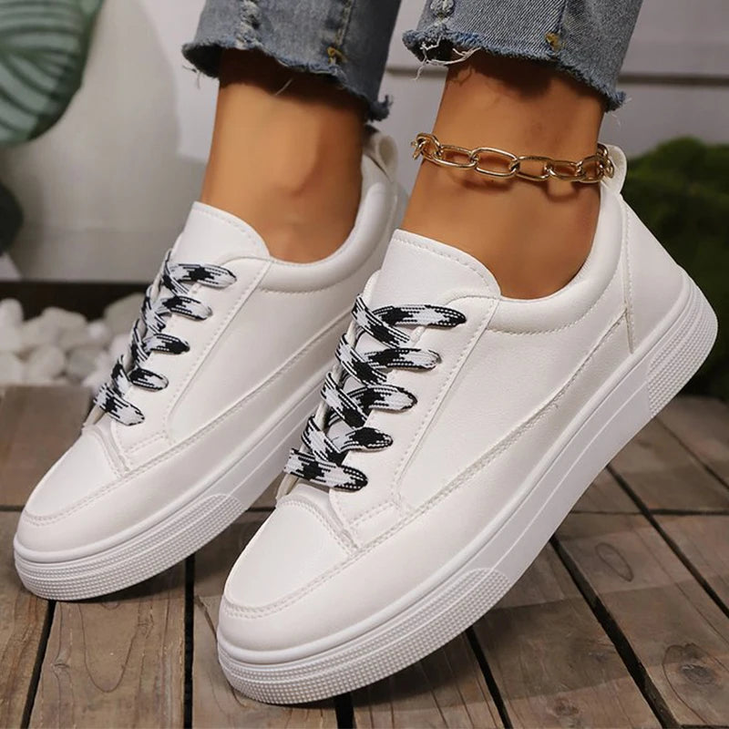All Match Patchwork Lace Up Sneakers Women Faux Pu Leather Sports Shoes Woman Spring Autumn Non Slip Low Top Flats Shoes Mujer