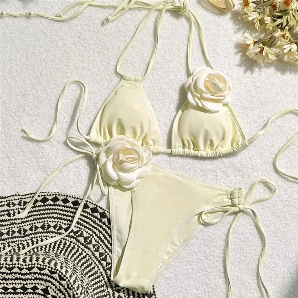 Sexy 3D Flower Black Triangle Bikinis Sets Micro Thong Swimsuit Women String Halter Bathing Suit Bikini 2026 Mujer Biquinis Swim