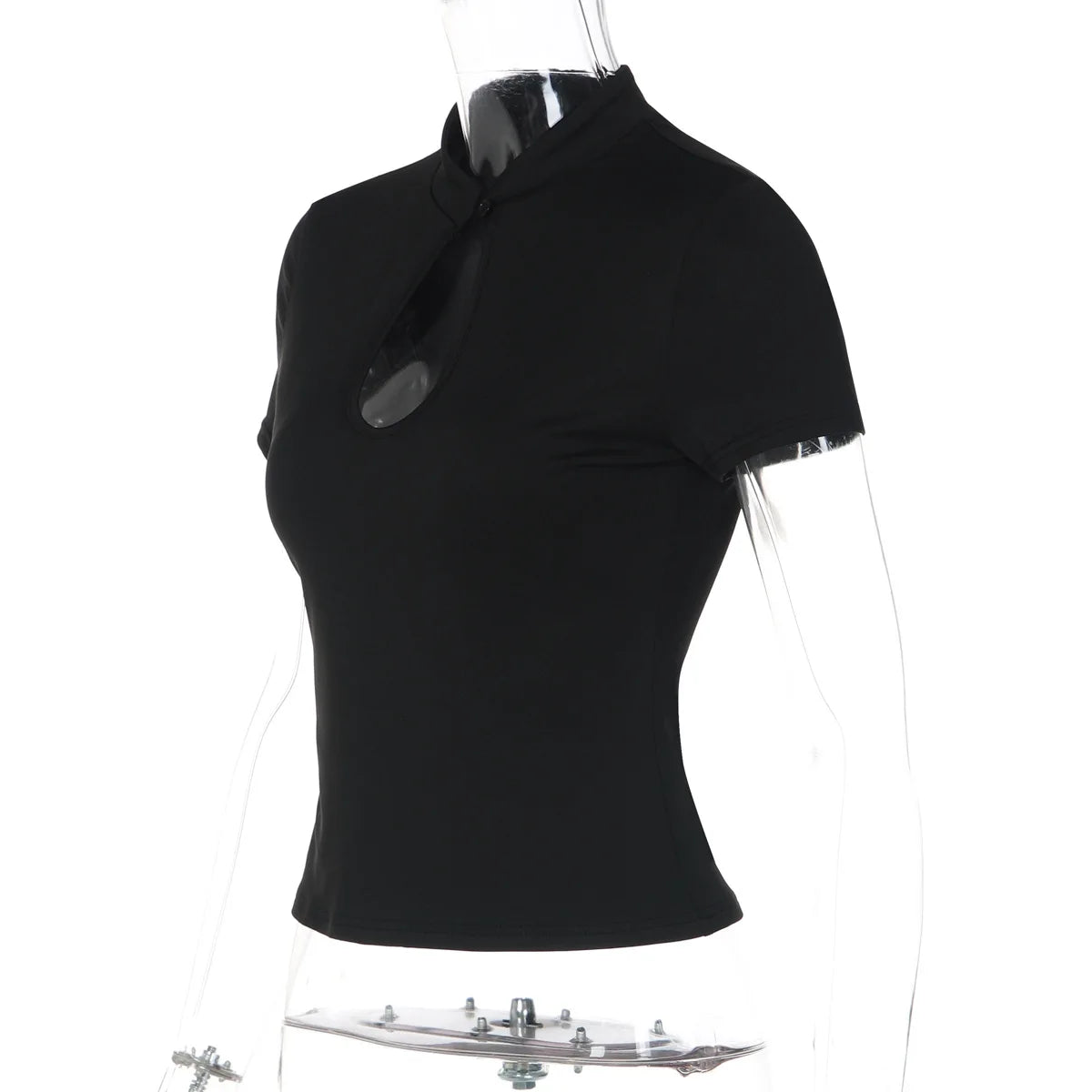 FDYOUI Fashion Stand Collar Button Hollow Out T-shirt for Women 2026 Sexy Short Sleeve Slim Cropped T Shirts Black Wine Red Tops