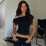 FDYOUI Women's Diagonal Collar Gray T-shirts Y2K Female Off Shoulder Lace-up Holes Cropped Tops Casual Black T Shirt Streetwear