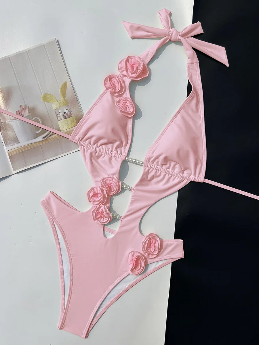 3D Flowers Deep V Neck Halter Women Backless Swimwear One Piece Swimsuit Female High Cut Monokini Bather Bathing Suit Swim Lady