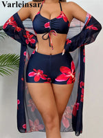 S - XL Long Sleeve Cover Up Flowers Bikini Female Swimsuit Three-Pieces Bikini Set Women Swimwear Bather Bathing Suit Swim V7232