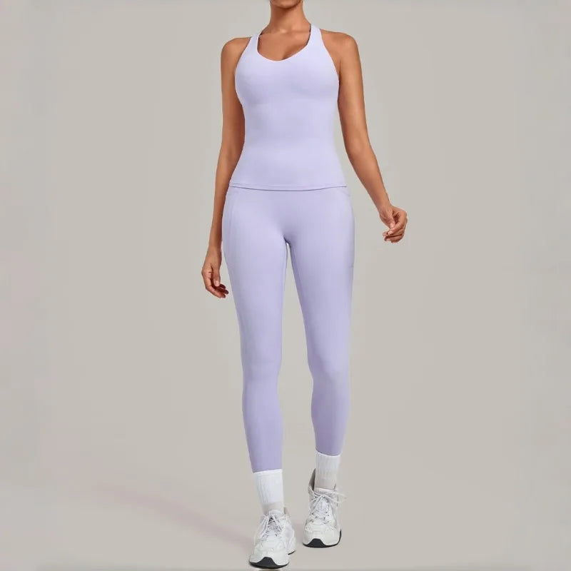Women's Seamless Yoga Sets Sports Fitness Hip-lifting High Waist Pant Sleeveless Backless Suits Workout Running Leggings Sets