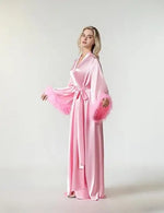 Long Feather Sleeve Bathrobe Sexy Ice Silk Kimono Wedding Bride Dress Women Loose Sleepwear Loungewear Casual Nightgown