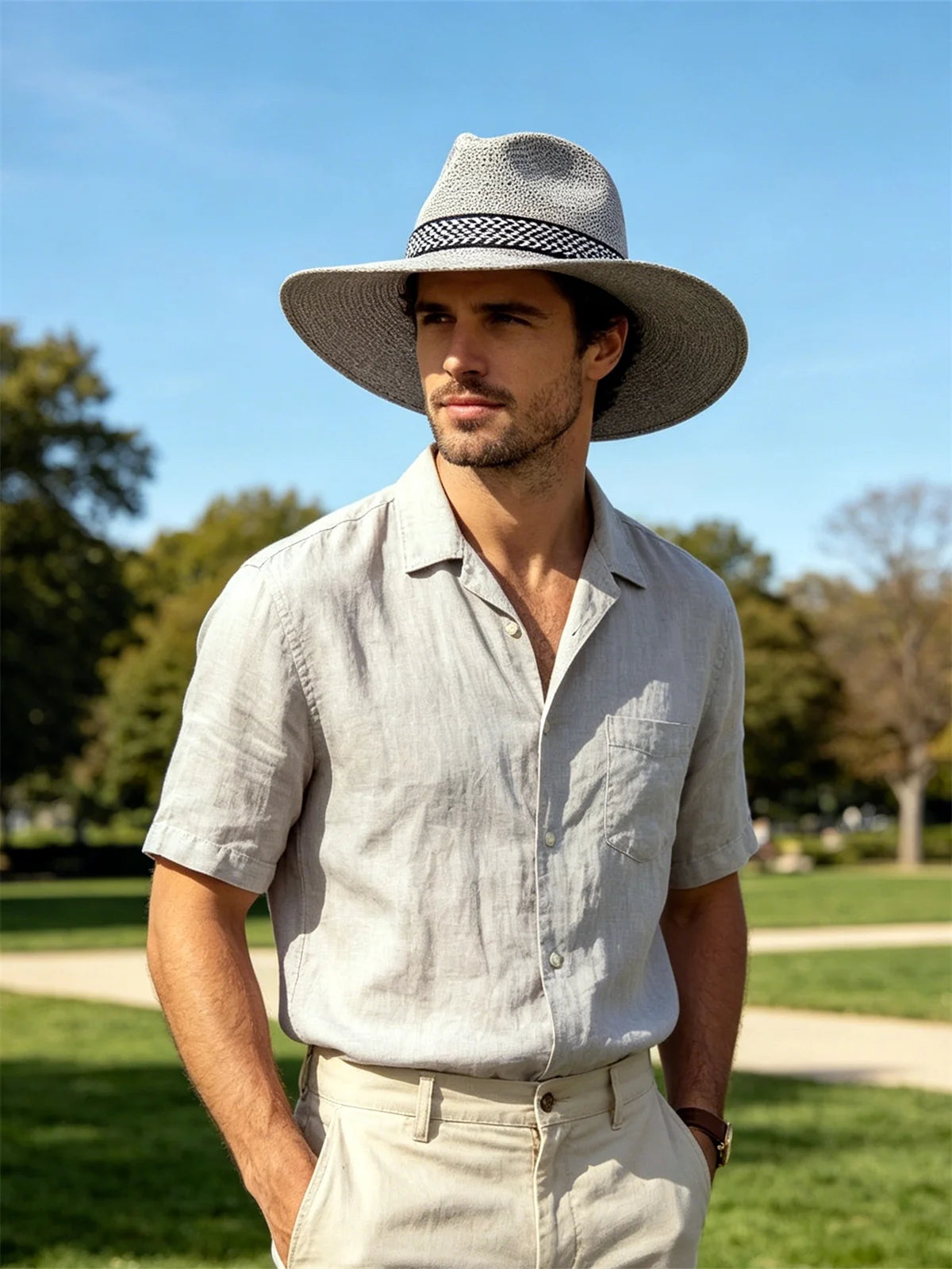 Men's Straw Woven Top Hat Wide Brim Sun Cap Summer Casual Outdoor Holiday