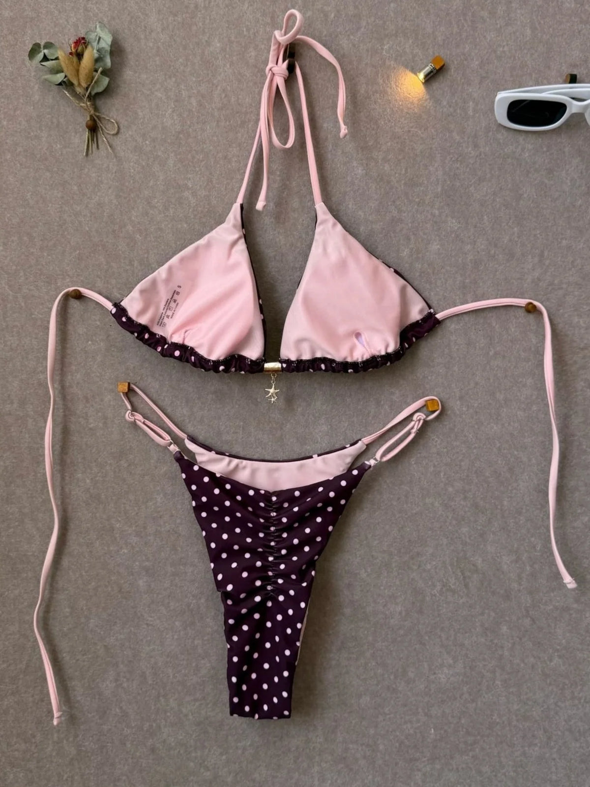 Sexy Pink Polka Dot Print Patchwork Micro Bikini 2026 Women Halter Push Up Bra Triangle Swimsuit Summer Bathing Suit Swimwear