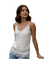 Fashion Summer Satin Tank Tops Women Solid Color Deep V Neck Sleeveless Adjustable Spaghetti Strap Lace Patchwork Vest