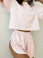 2026 New Women's Striped Pajama Set Summer Short-Sleeved T-Shirt and Shorts 2-Piece Set Home Wear Casual Loose Round Neck Pajama