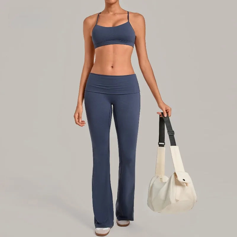 Women's Yoga Sets Sports Fitness Sling Cross Beauty Back Bra Training High Waist Hips-Lifting Flare-Pants Suits Gym Workout Sets