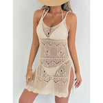 Crochet Knitted Hollow Out Halter Mini Dress Tunic Beach Cover Up Cover-ups Beach Dress Beach Wear Beachwear Female Women V8210
