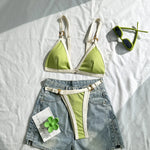 Sexy Khaki Patchwork Micro Bikini 2026 Women Brazilian Push Up Bra Metal Circle Thong Swimsuit Bathing Suit Holiday Swimwear