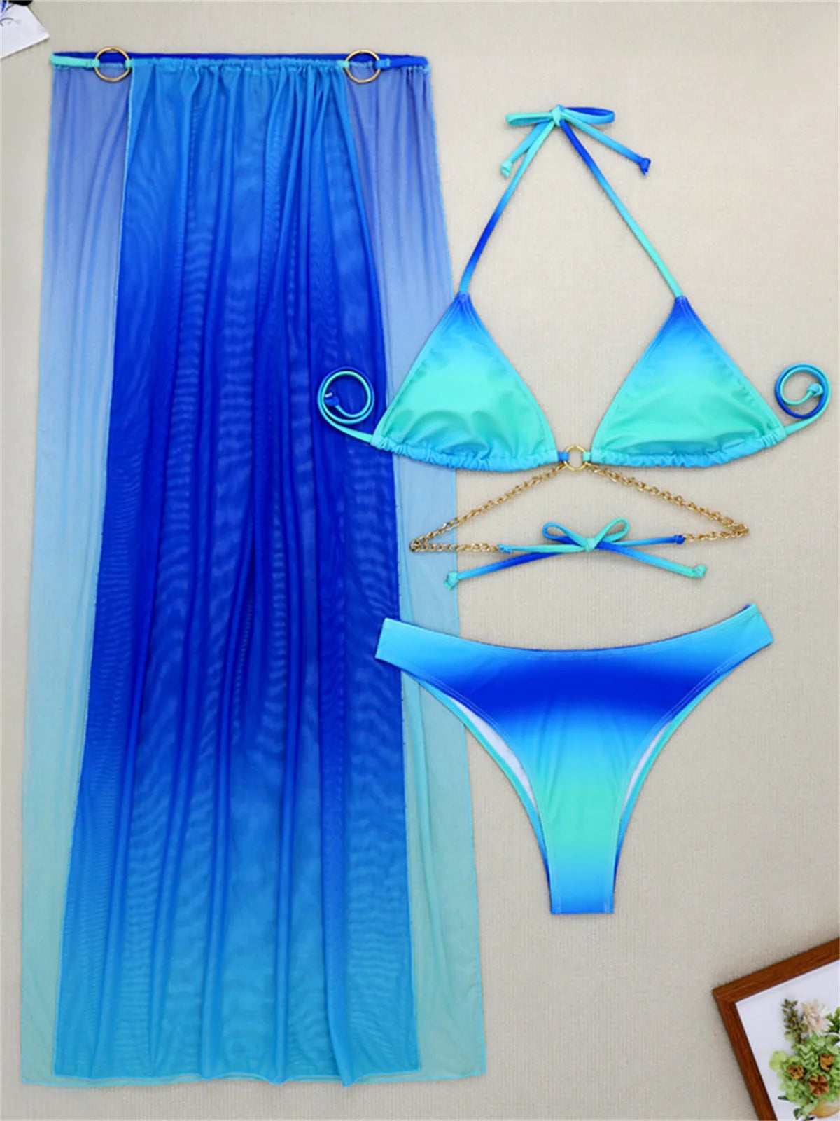 3 Pieces Thong Bikini Set 2026 Swimsuit Women & Kimono Swimwear Sexy Gradient Metal Criss Cross Bathing Suit Cover Up Bikinis
