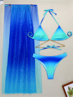 3 Pieces Thong Bikini Set 2026 Swimsuit Women & Kimono Swimwear Sexy Gradient Metal Criss Cross Bathing Suit Cover Up Bikinis