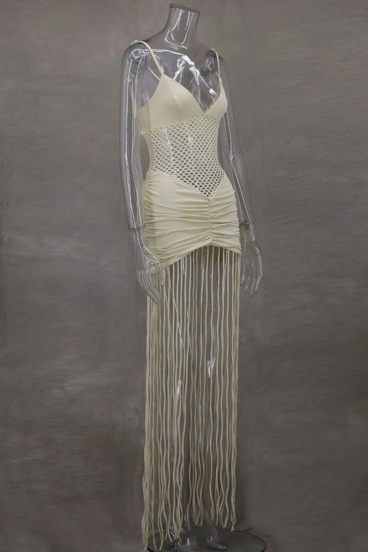Tassel Hem Splicing Sling Dress Women Sexy Waist Hollow Out Stretch Pleated Bodycon Dresses Female Solid Summer Beach Party Robe