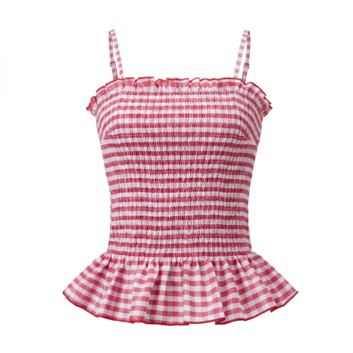 Summer Women Smocked Tank Tops Spaghetti Strap Plaid Ruffle Camisole Fashion Sleeveless Vest Shirts Streetwear
