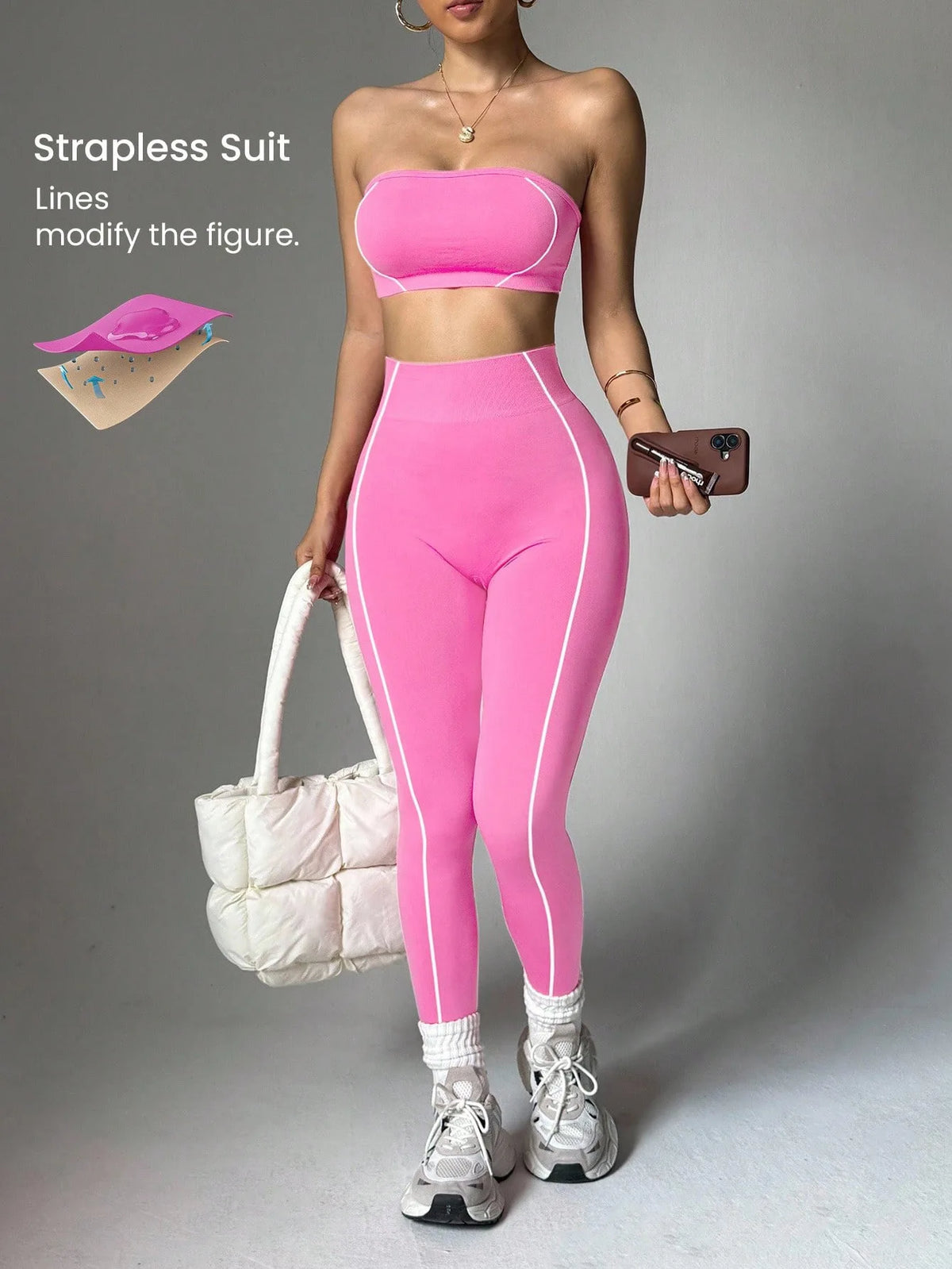 Women Strapless Bandeau Sports Bra Seamless High Waist Yoga Leggings Set Padded Workout Fitness Gym 2 Piece Outfits