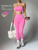 Women Strapless Bandeau Sports Bra Seamless High Waist Yoga Leggings Set Padded Workout Fitness Gym 2 Piece Outfits