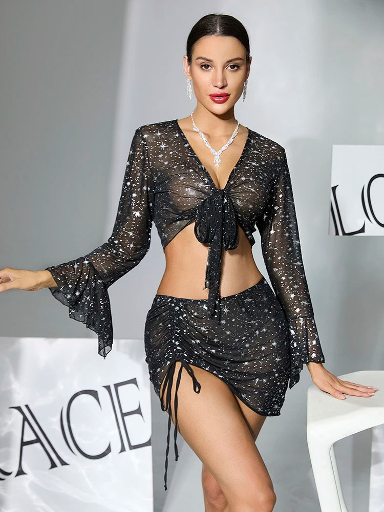 Summer Sleepwear Starry Sky Mesh Pajamas Set Women Flared Sleeve V-Neck Crop Top+Drawstring Bodycon Skirt 2 Pieces Shiny Pajamas