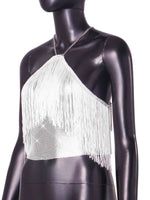 Women's Halter Neck Sleeveless Crop Top Tassel Rhinestone Chain Backless Party Clubwear White Sparkly Night Out Top