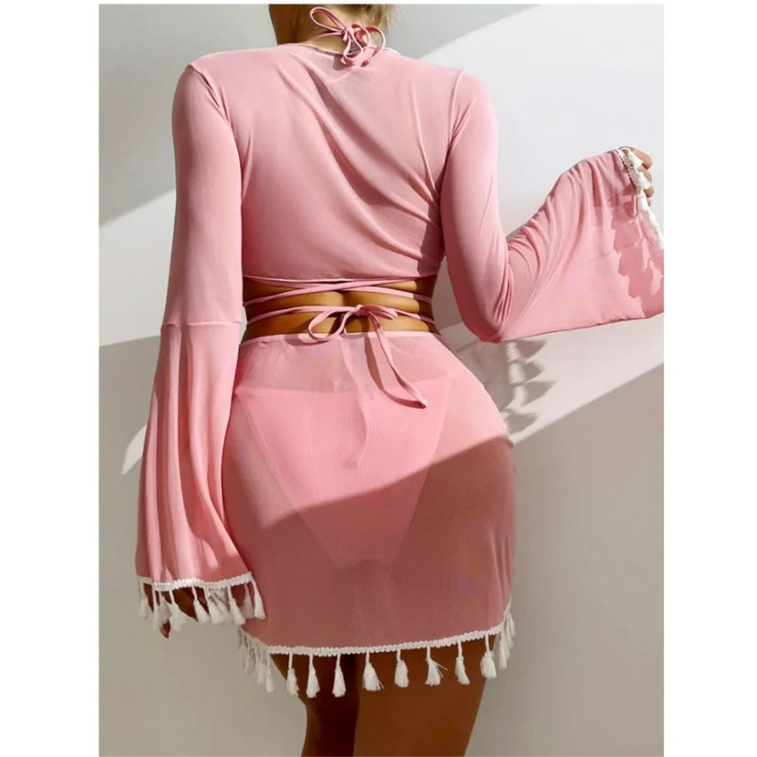 S - XL With Tassel Skirt Long Sleeve Bikini Women Swimwear Female Swimsuit Four-pieces Bikini set Bather Bathing Suit Swim V7060